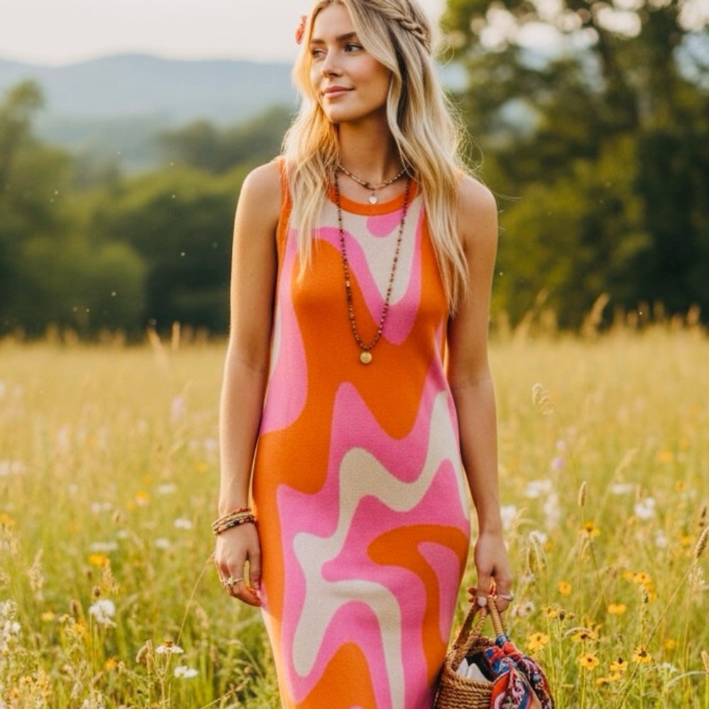 Retro Swirl Knit Midi Dress | Size Medium | Orange Pink